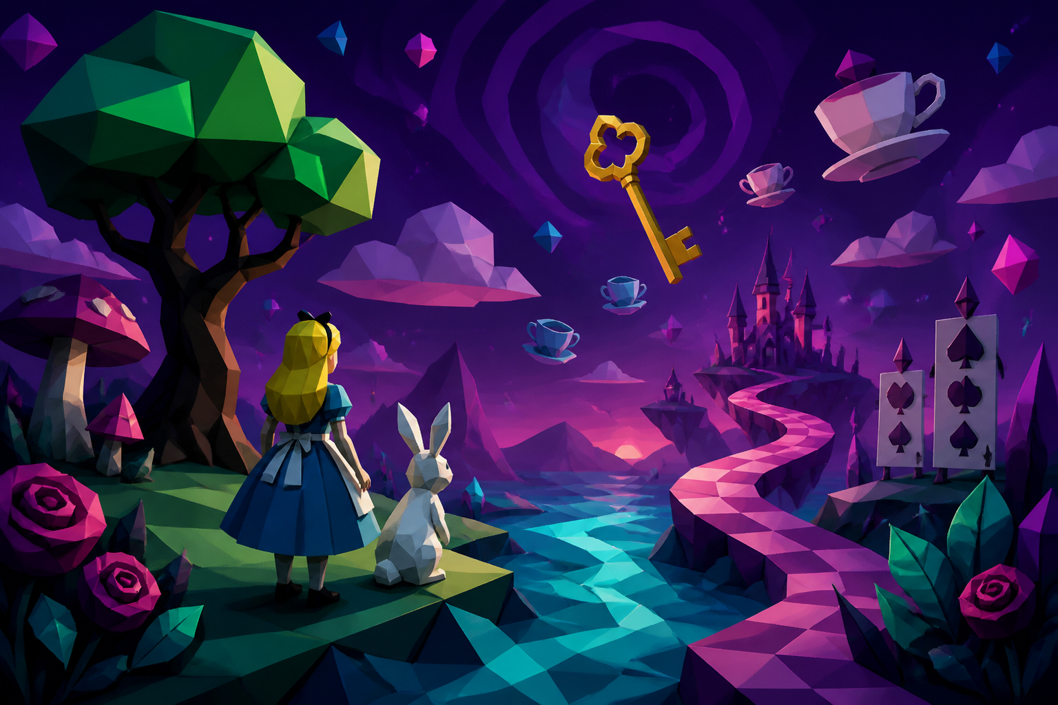 Low-poly Alice in Wonderland riverbank scene with rabbit and golden key
